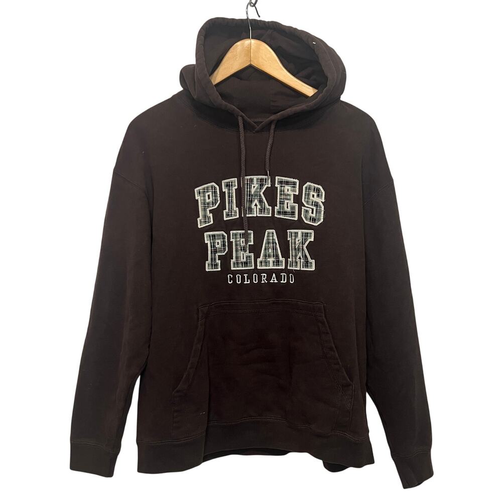 Ouray Pikes Peak Colorado Size M Hoodie Sweatshirt Brown Plaid Patch Letters